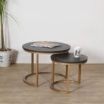 Golden Coffee Table Golden with Black Laminated Marble Table top – Set of Two